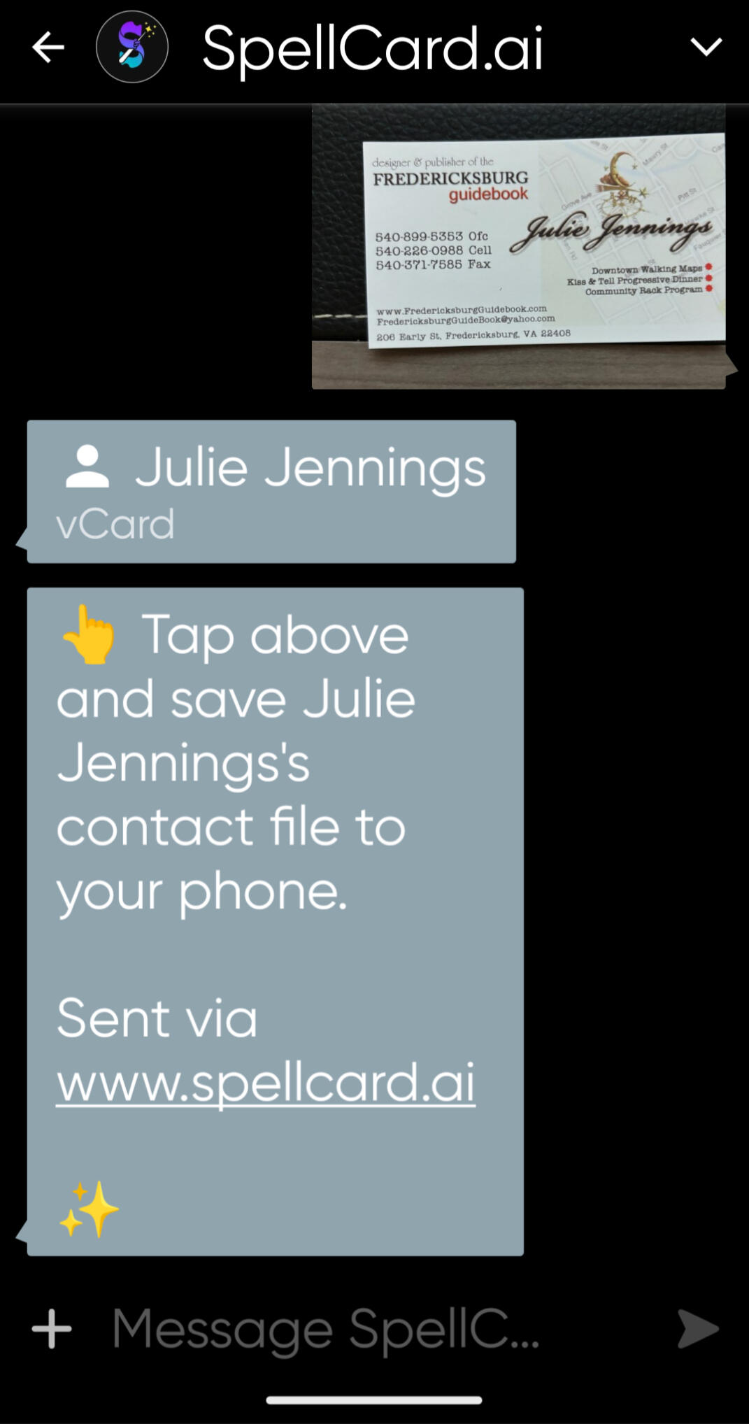 Mobile screenshot of using SpellCard.ai in your native texting app. The screenshot shows a conversation with SpellCard.ai where SpellCard.ai has been sent a picture of a business card. SpellCard.ai says in response: Julie Jennings.vcf Point Up Emoji Tap ab